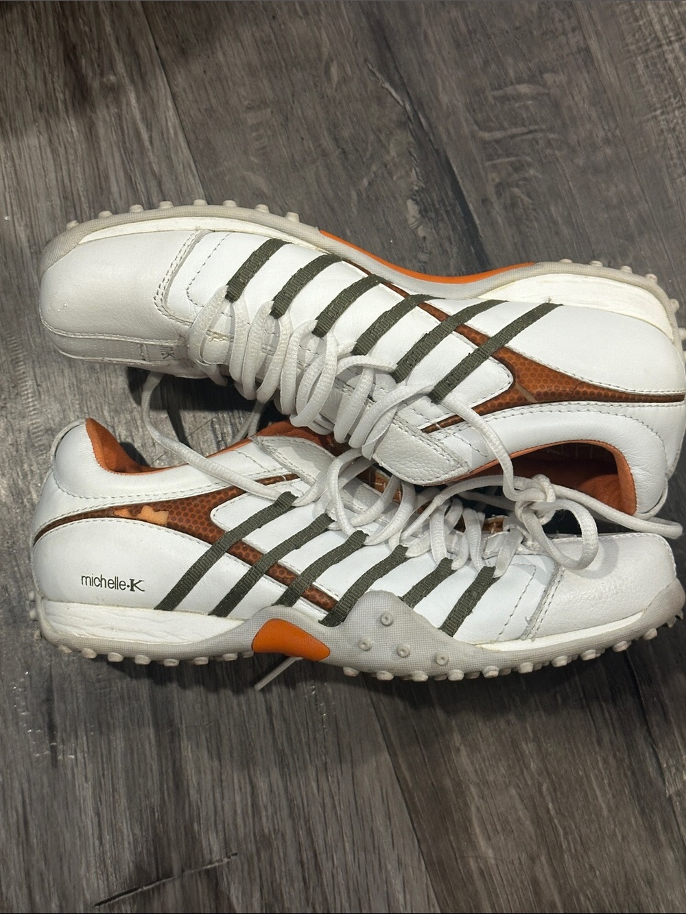 Michelle K White Sneakers with Olive Stripes and Orange Accents